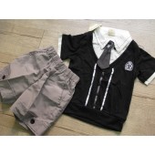 S142-菜市場款-韓風假領帶學院短袖短褲套裝組90-140CM(黑灰款)