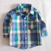 T352-H&M純棉藍綠白格子口袋長袖襯衫(四季皆可)2-4/6-9M