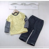 S383-法paco rabanne黃色條紋假兩件長袖灰褲套裝90cm